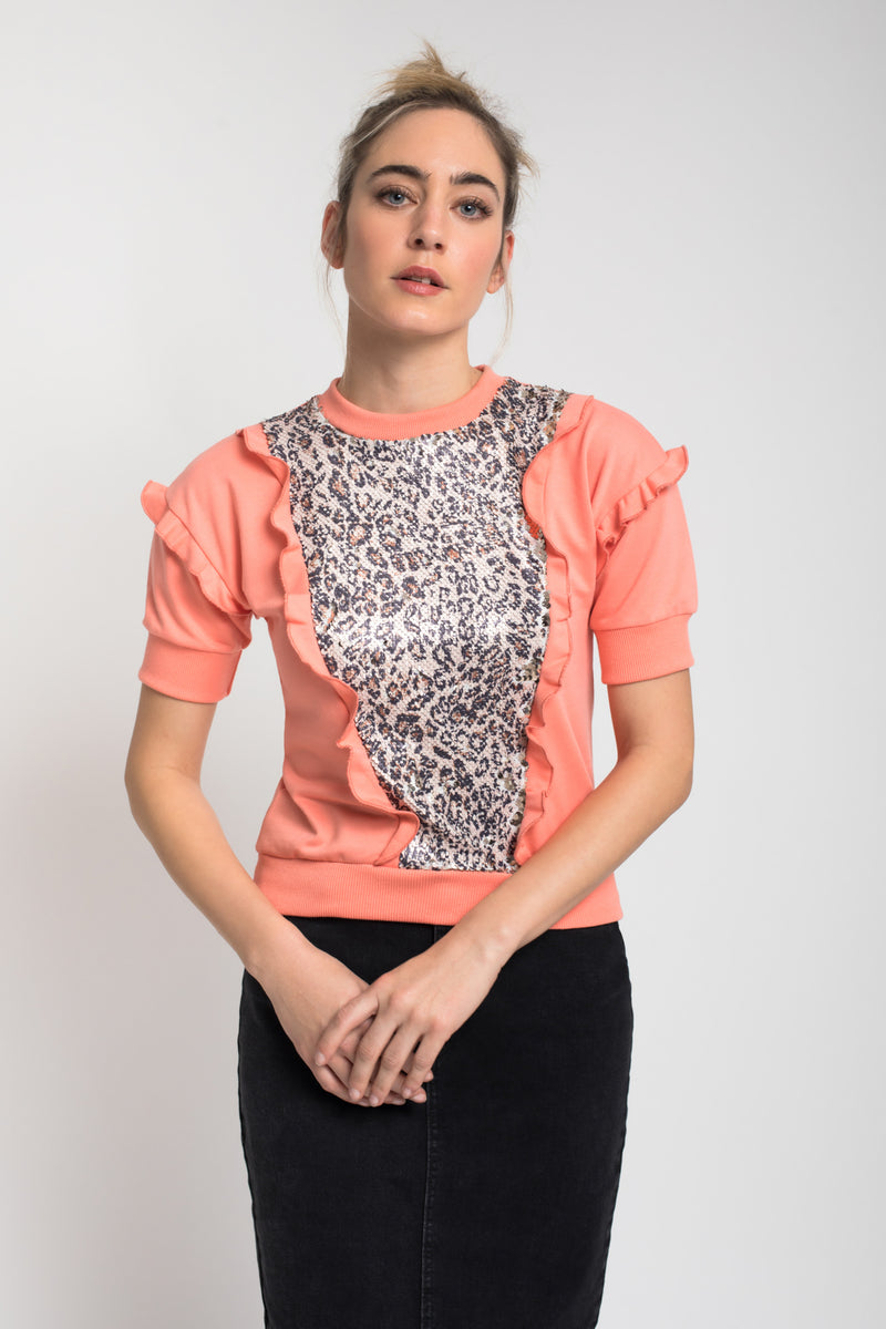Sweat Folhos e Lantejoulas Coral